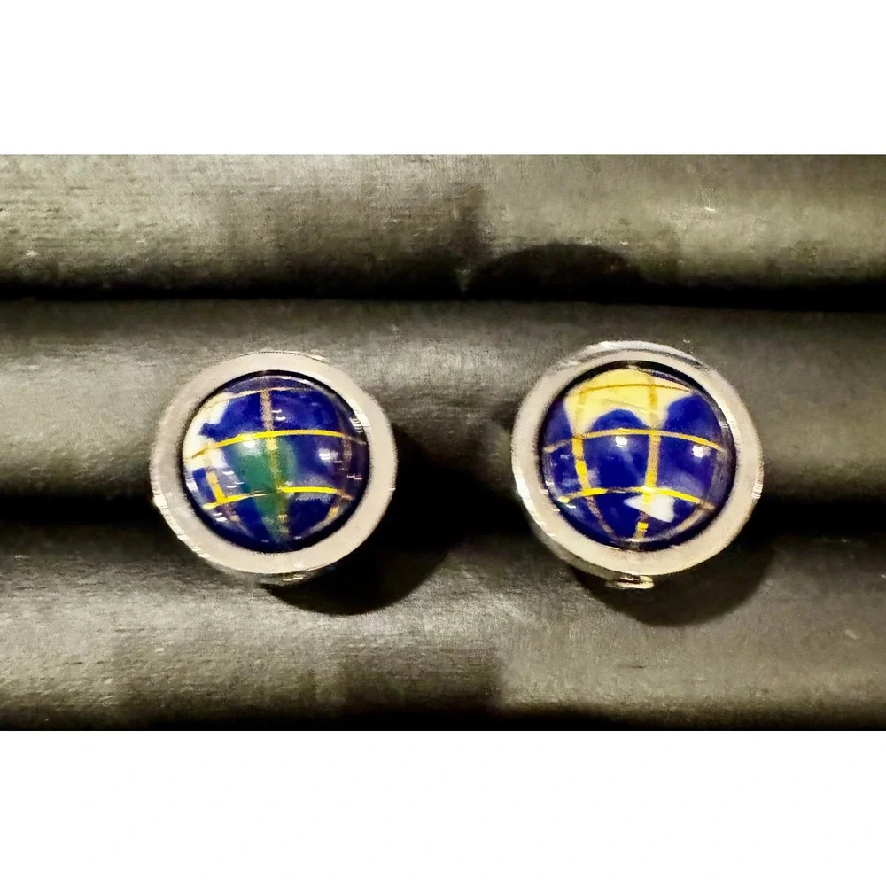 Vintage Silver Tone Blue Globe Cufflinks World Map Travel Theme Mens Jewelry